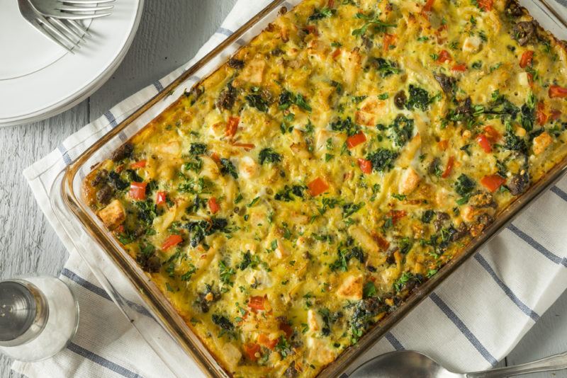 A breakfast casserole that has just been cooked