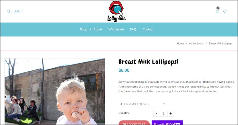 A website screenshot focusing on breast milk lollipops, showing a young child sucking one of the lollipops