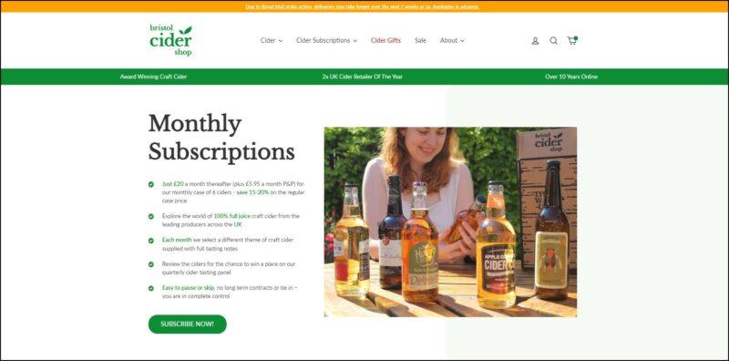 screenshot of Bristol Cider Shop Monthly Cider Subscription's web page, with yellow announcement bar on top, followed by a white header bearing the website's name/logo and main menu, underneath is a green banner followed by mainly white background detailing the information of the monthly cider subscription.