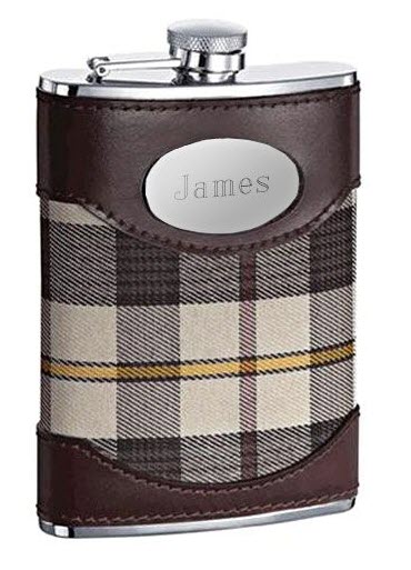 Brown-Leather-Plaid-Hip-Flask | Food For Net Flask with brown leather and plaid fabric