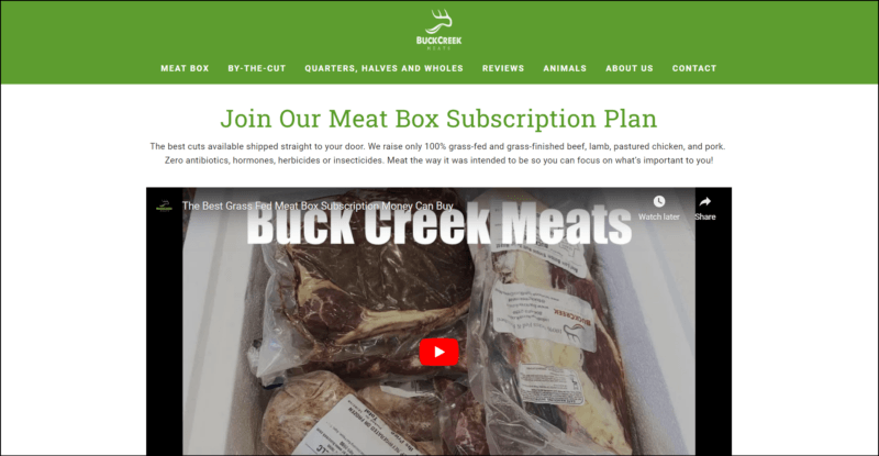 screenshot of Buck Creek Meat Box Subscription Plan's web page, with green header bearing the website's logo and main navigation menu, the white main content area with info about the subscription plan and an embedded youtube video