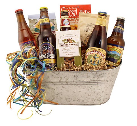 Metallic tub tied with many ribbons containing various bottles of beer and snacks.