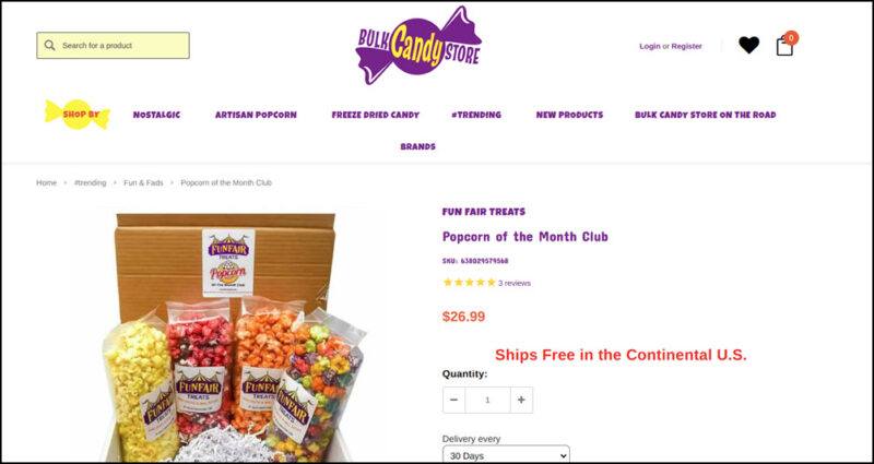 A website screenshot from Bulk Candy Store Funfair Treats showing four bags of brightly colored popcorn