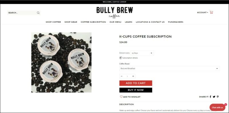 screenshot of Bully Brew Coffee K-Cups Coffee Subscription's web page, mainly white page with a black announcement bar on top followed by the website's name/logo and main menu, the page shows the details of the subscription plan accompanied by images of the K cup pods.