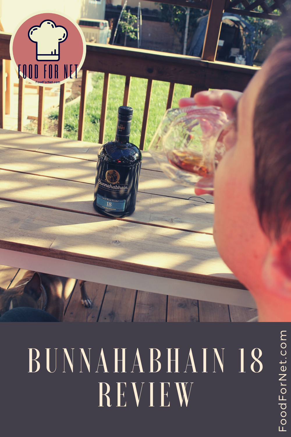 drinking copper colored scotch whisky bunnahabhain 18 with blue bunnahabhain 18 bottle in the background and title text "bunnahabhain 18 review"