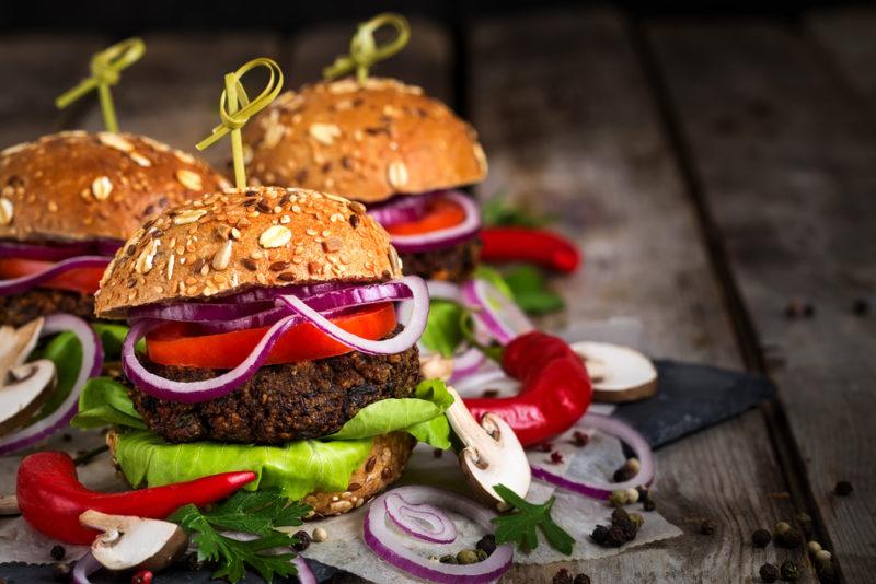 Three burgers that have been made using mushroom patties