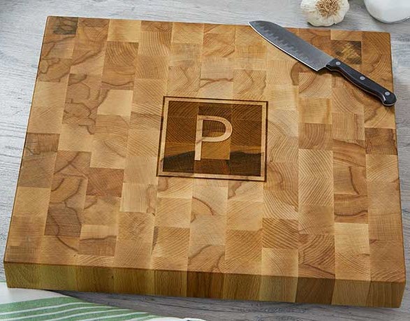 Butcher-Block-Cutting-Board | Food For Net Butcher block cutting board with a P monogrammed into the center.