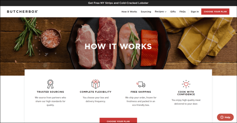 screenshot of Butcher Box Meat Delivery Subscription's web page with black announcement bar on top followed by white header bearing the website's name and navigation menu, underneath is an image banner with text overlay 