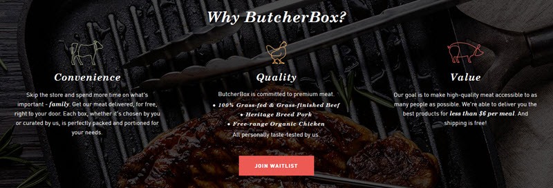 ButcherBox Website Screenshot showing what the box has to offer