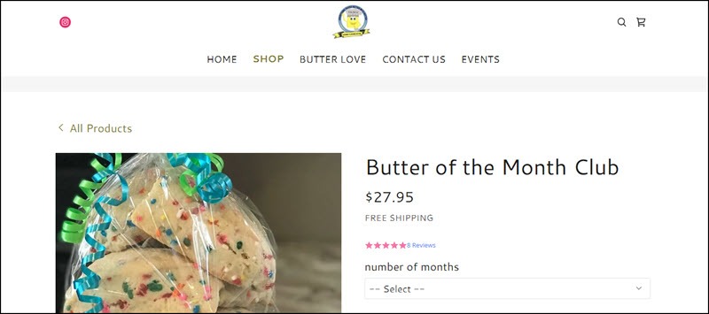 Screenshot of the website for Butter Me Up Subscription Club