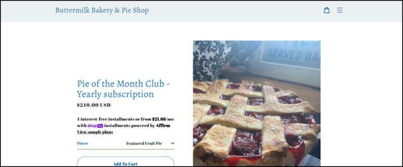 A website screenshot from Buttermilk Bakery Pie Shop showing a fruit lattice pie next to details about the club