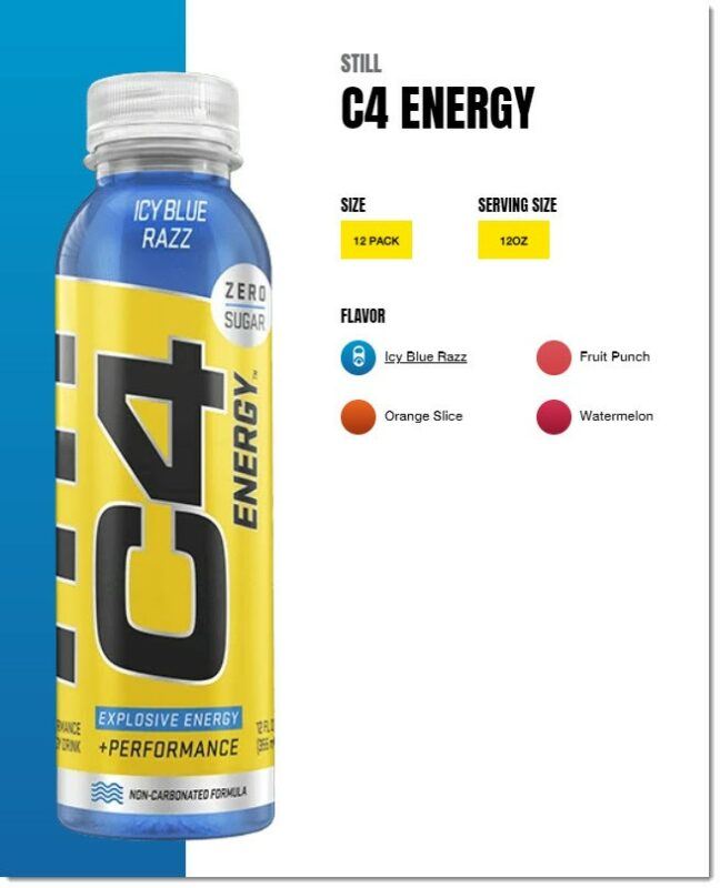 C4 Energy Still, showing details about the supplement and an image of it