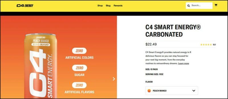 C4 Smart Energy on the company's website, with an orange background behind the energy drink