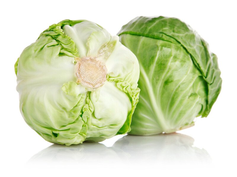 Two heads of green cabbage rest against a white background.