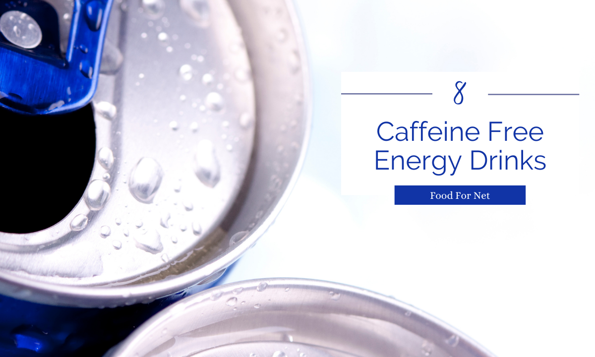 A close image of two caffeine free energy drinks in cans, where you can see water droplets on the metal