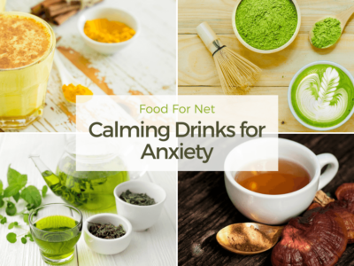 A selection of calming drinks for anxiety, including a matcha latte, green tea, golden milk, and mushroom tea