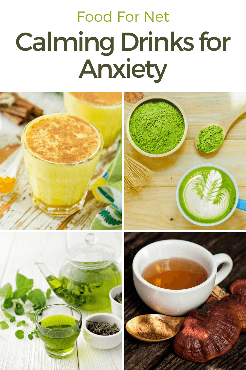 A selection of calming drinks for anxiety, including a matcha latte, green tea, golden milk, and mushroom tea