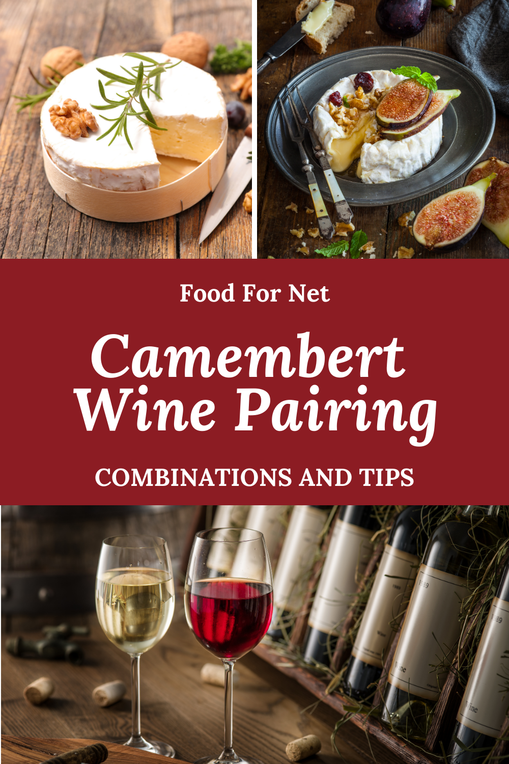 Various bottles of wine, a glass of red wine, and a glass of white wine, along with two rounds of camembert cheese