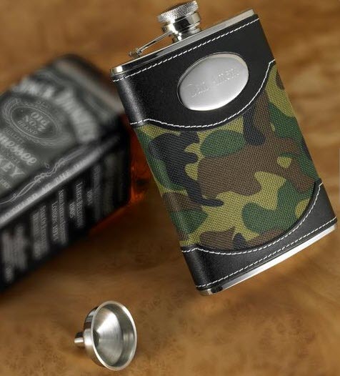Camouflage Hunter’s Flask | Food For Net Camouflage-themed flask with black leather.