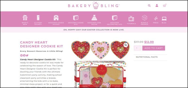 A website screenshot showing cookies in the shape of love hearts that have been decorated with glitter