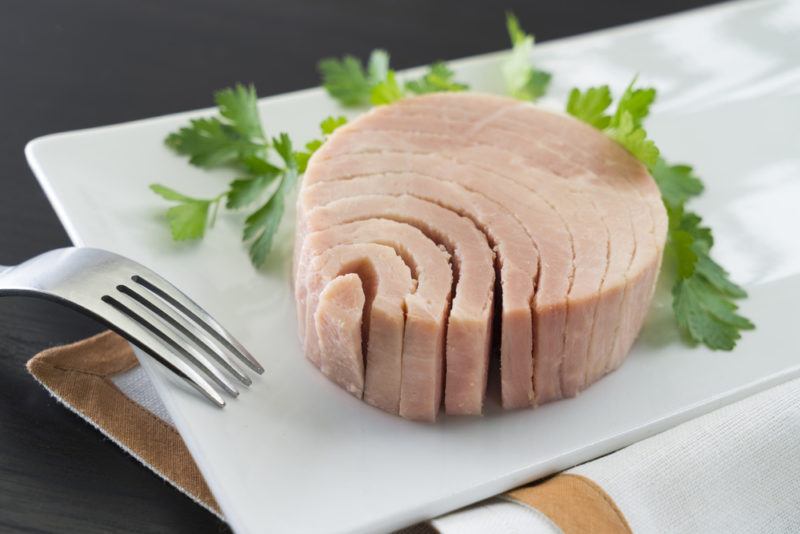 A rectangle white plate with canned tuna that has been turned out onto the plate