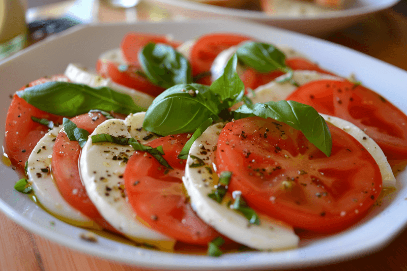 A large white dish with sliced tomato and mozzarella, plus basil and basil pesto, as part of a ceprese salad