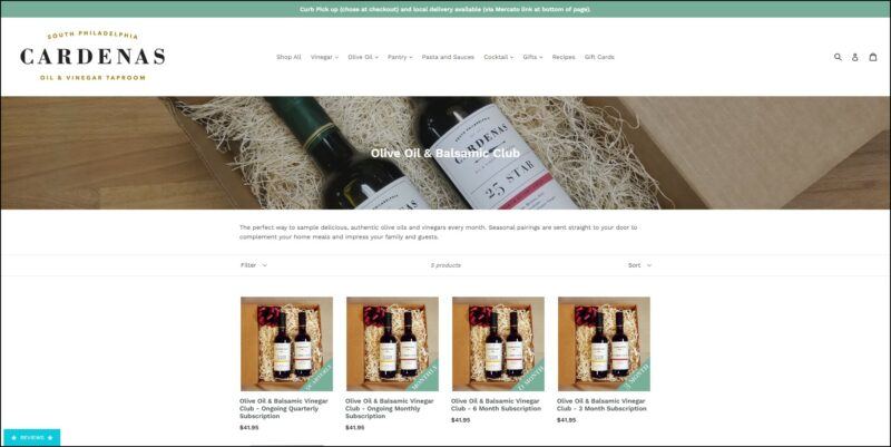 screenshot of Cardenas Olive Oil & Balsamic Club's web page, mainly white page with a green announcement bar followed by the header bearing the website's name and main menu, underneath is a photo banner and images and details of the different oil subscriptions plans