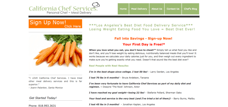 Carlifonia-Chef-Creations | Food For Net california chef services meals website screenshot showing testimonials from clients and an image of carrots.