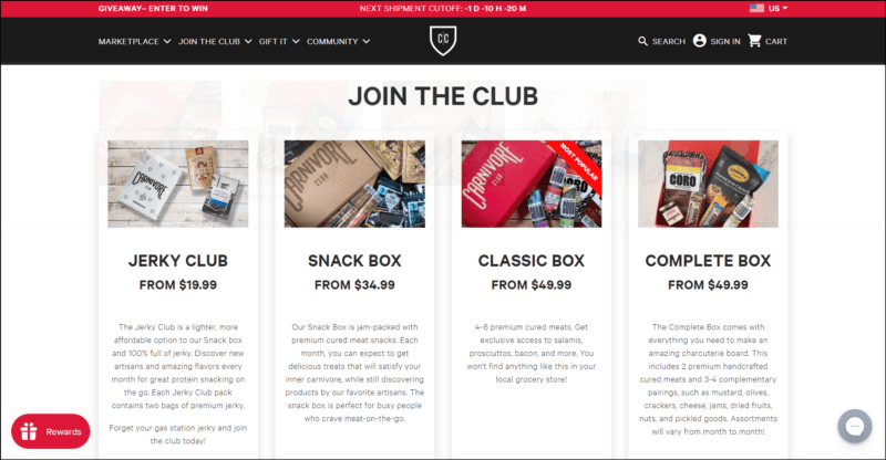 screenshot of Carnivore Club Box Subscription's web page, with red announcement bar on top followed by a black header bearing the website's logo and navigation menu, the white main content area shows details of the different clubs available with accompanying images