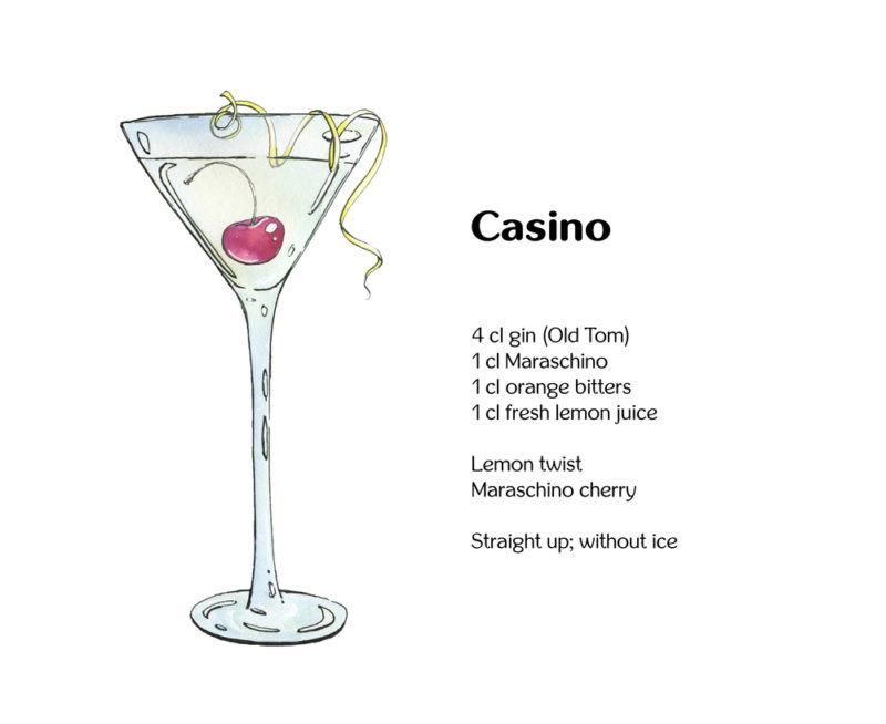 A drawing of a casino cocktail with the various ingredients