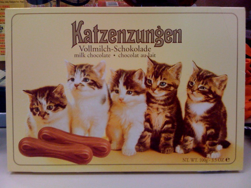 Cat tongue chocolate with five cats on the package