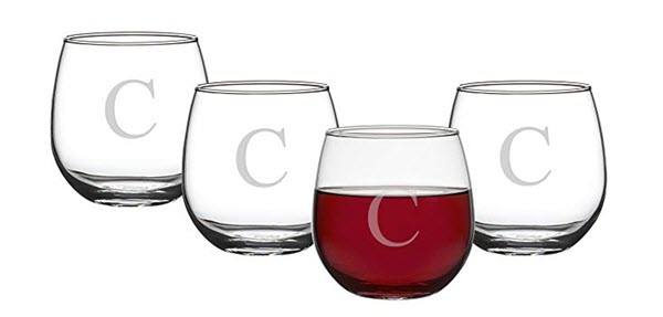 Cathy’s Concepts Initial Wine Glasses | Food For Net 4 stemless wine glasses with the letter C