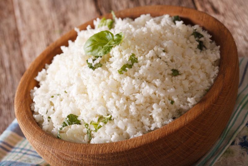 A brown bowl of Cauliflower rice