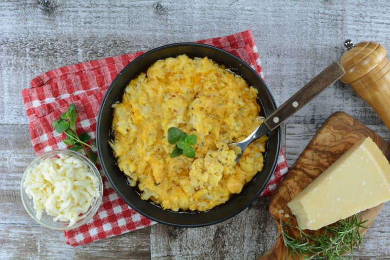 Cauliflower mac and cheese in a skillet