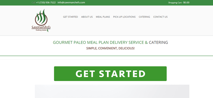 Caveman-Chefs-website-screenshot | Food For Net Caveman Chefs website screenshot showing green and black text, along with a large green 'Get Started' button.