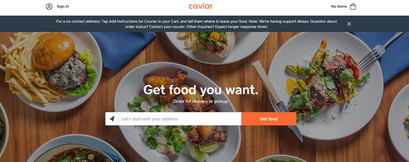 Caviar Website Screenshot showing a selection of food plates