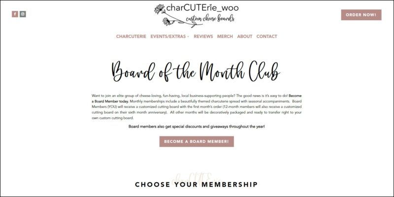 screenshot of Charcuterie Woo Board of the Month Club's web page, a dominantly white page with the website's logo and name on top followed by the main menu, the page is showing the details of the club subscription.