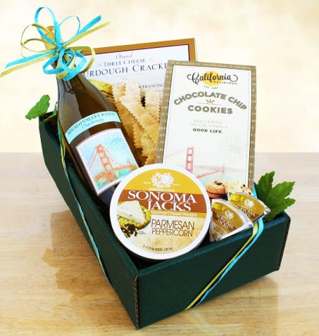 Chardonnay Classic Wine And Cheese Gift Basket | Food For Net Green box with wine, cheese and crackers