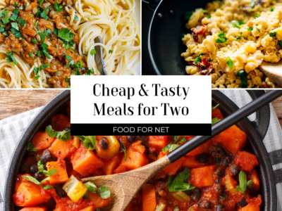 Three examples of some of the cheapest meals for two, including bolognese, a sweet potato dish, and lentils