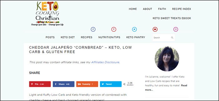 Cheddar Jalapeno ‘Cornbread’ | Food For Net Website screenshot from Keto Cooking Christian