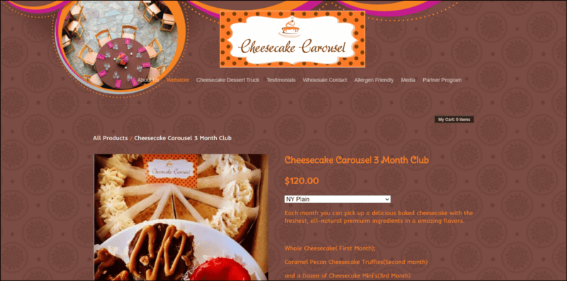 screenshot of Cheesecake Carousel 3 Month Club's web page, brown-colored page with the website's name/logo on top followed by the main menu, the page displays the details of the cheesecake club subscription accompanied by an image of a spread of different cheesecake.