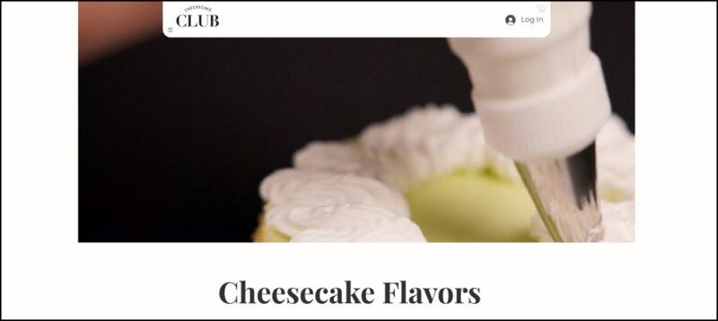 Website screenshot from Cheesecake Club showing a cheesecake being iced