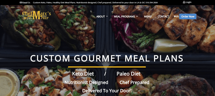 Chef-Marc’s-Meal-Prep-website-screenshot | Food For Net Chef Marc’s Meal Prep website screenshot showing a background image of various meals, along with white text about custom gourmet meal plans.