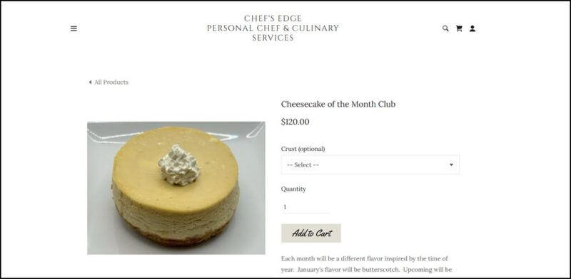 Website screenshot from Chefs Edge Culinary, shwoing one of the company's cheesecakes