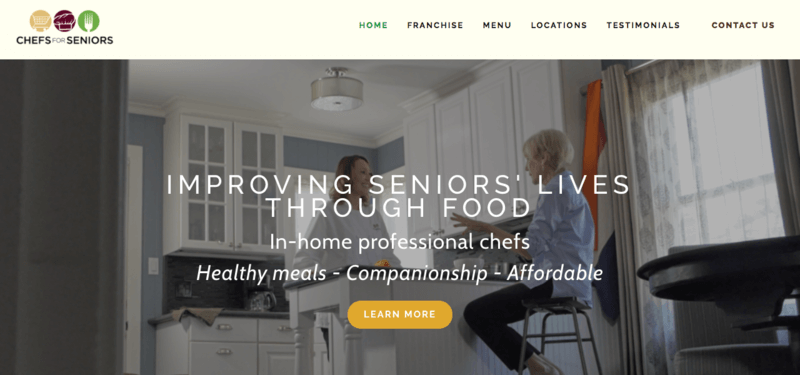 Screenshot from Chefs for Seniors featuring a chef in a kitchen and a senior on a bar stool