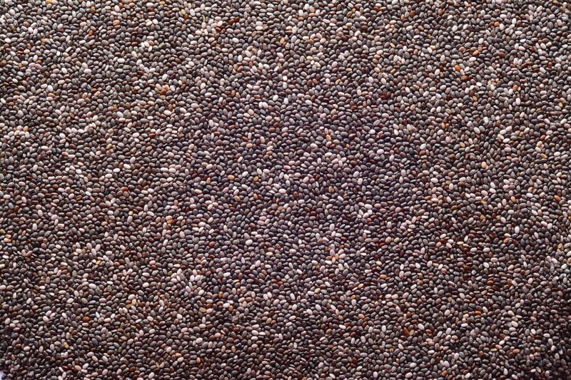 This photo shows a closeup of several black and white chia seeds.