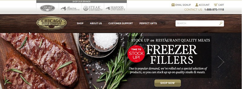 Chicago Steak Company Website Screenshot showing steak on a board with seasonings