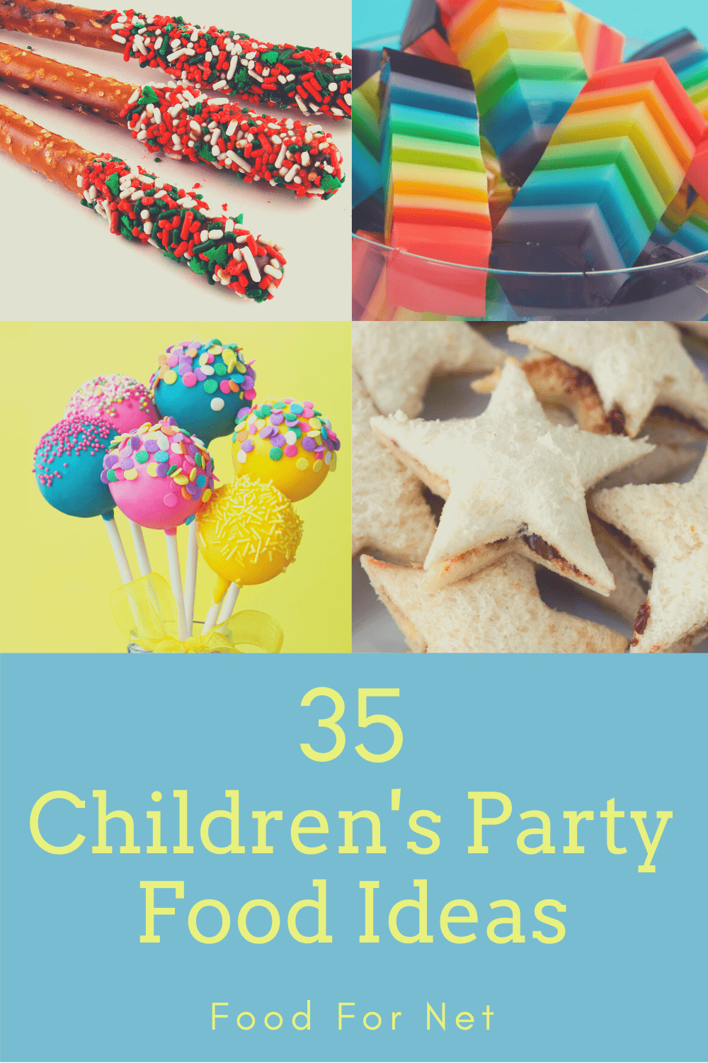 Four foods for a children's party, including cake pops, a jello dessert, star-shaped sandwiches, and dipped pretzel sticks