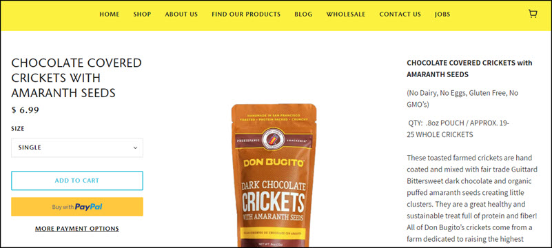 A website screenshot showing chocolate covered crickets from Don Bugito