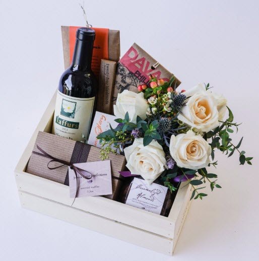 Chocolate + Wine Gift Box With Flowers | Food For Net Light box with roses and treats
